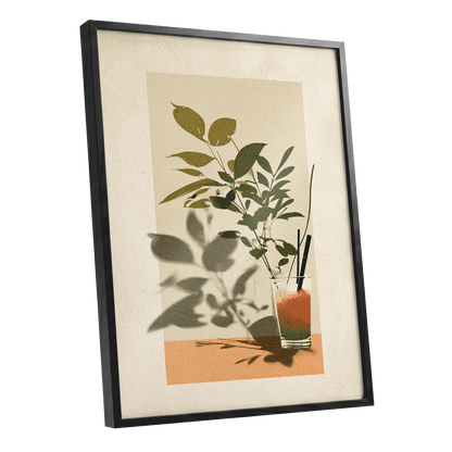 Leaves at Sundown, beige, green, orange nature wall art shown as a black framed poster wall art print