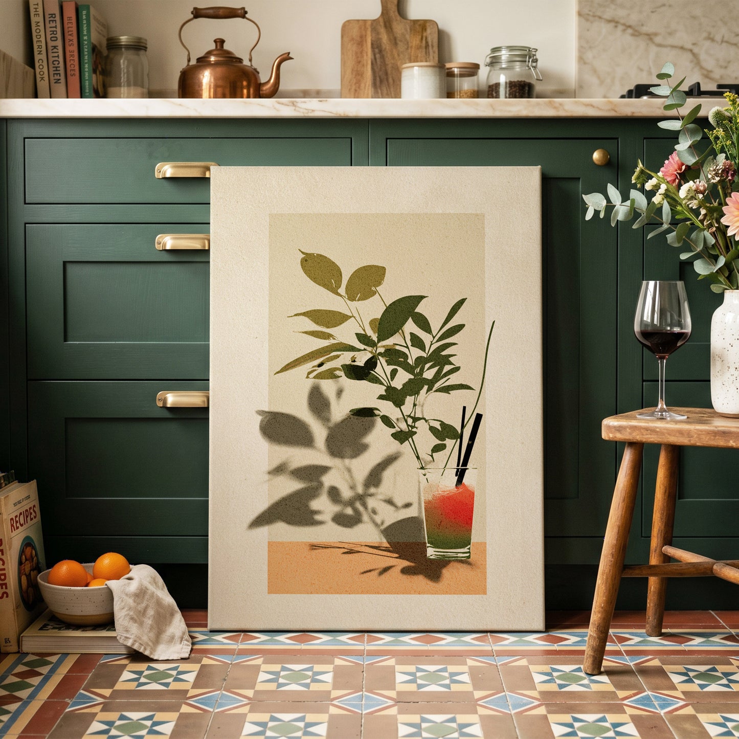 Leaves at Sundown, beige, green, orange nature wall art on canvas displayed in a styled interior, gallery view 1