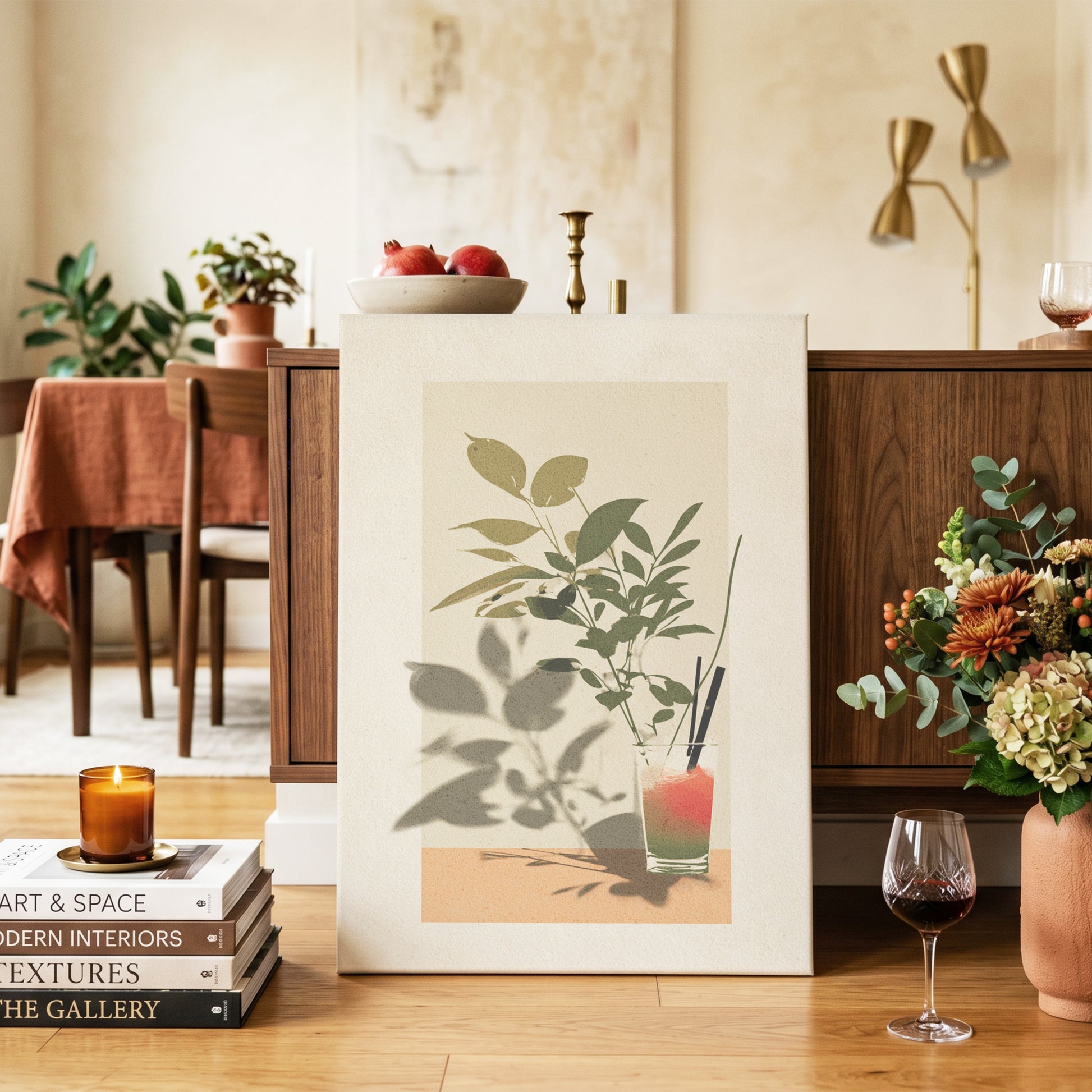 Leaves at Sundown, beige, green, orange nature wall art on canvas displayed in a styled interior, gallery view 2