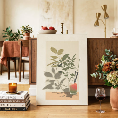 Leaves at Sundown, beige, green, orange nature wall art on canvas displayed in a styled interior, gallery view 2