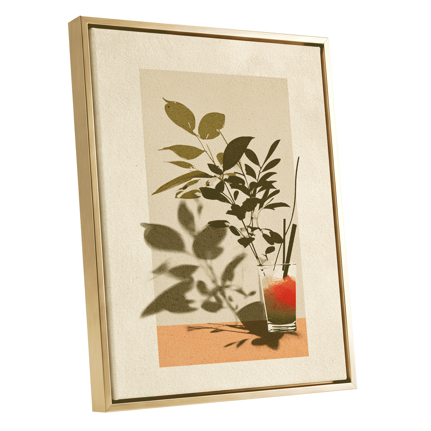 Leaves at Sundown, beige, green, orange nature wall art shown as a gold framed canvas wall art