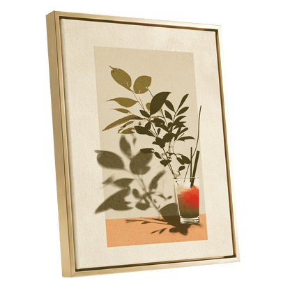 Leaves at Sundown, beige, green, orange nature wall art shown as a gold framed canvas wall art