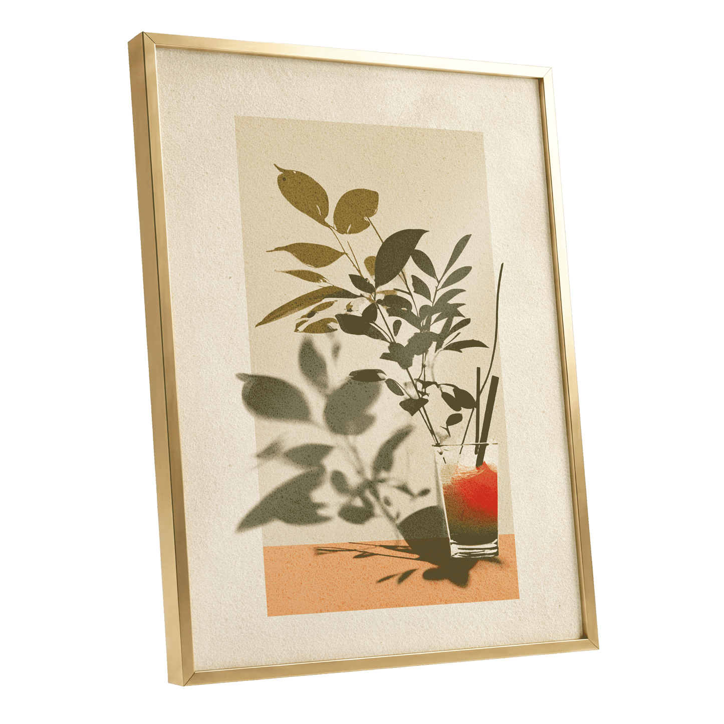 Leaves at Sundown, beige, green, orange nature wall art shown as a gold framed poster wall art print