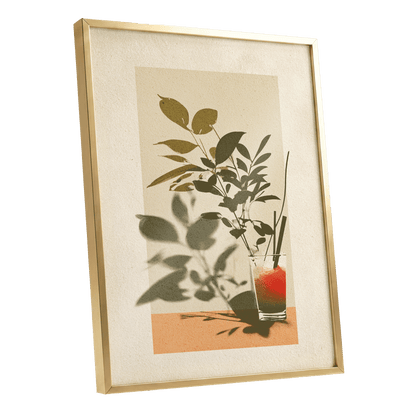 Leaves at Sundown, beige, green, orange nature wall art shown as a gold framed poster wall art print