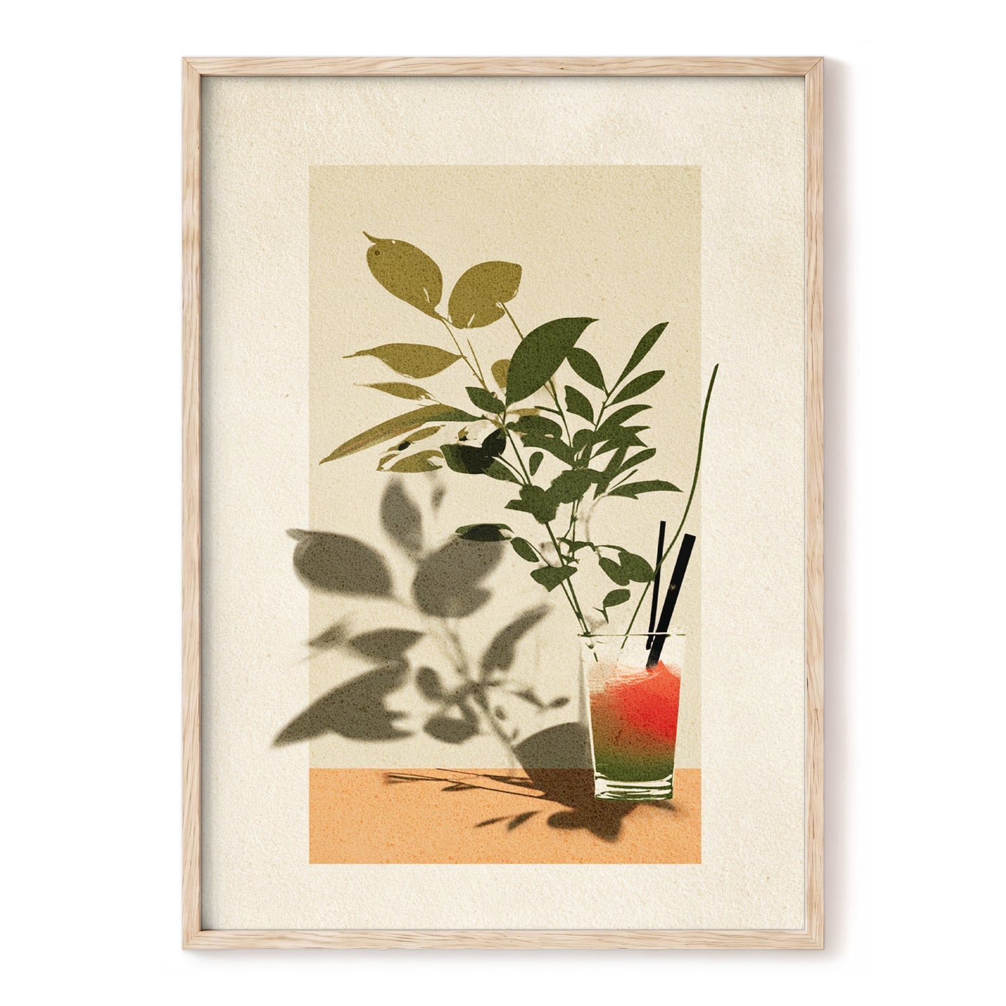 Leaves at Sundown, beige, green, orange nature wall art, front artwork view