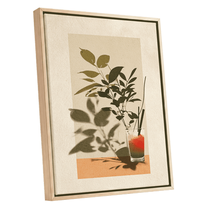 Leaves at Sundown, beige, green, orange nature wall art shown as a oak framed canvas wall art