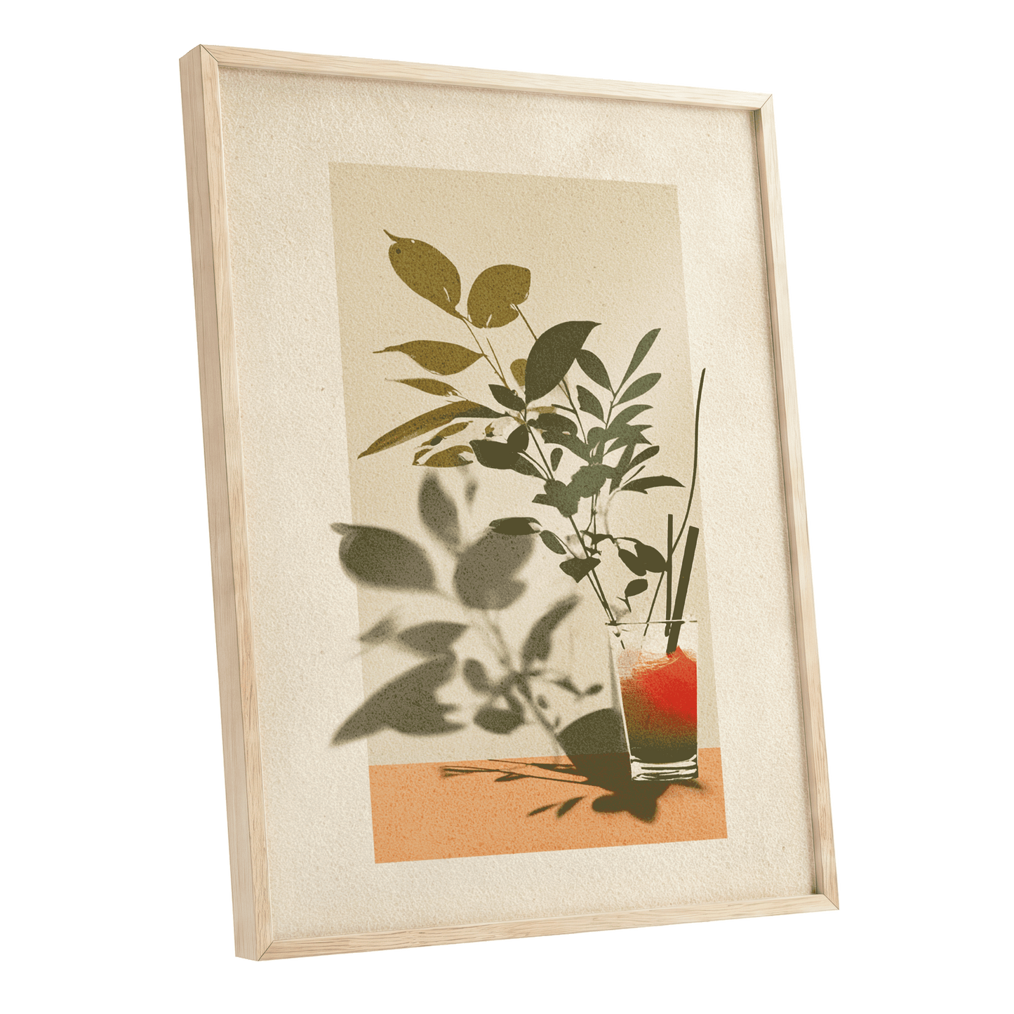 Leaves at Sundown, beige, green, orange nature wall art shown as a oak framed poster wall art print