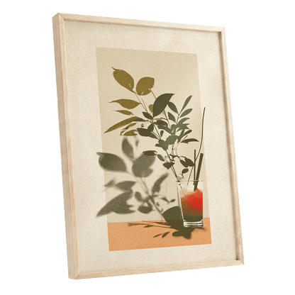 Leaves at Sundown, beige, green, orange nature wall art shown as a oak framed poster wall art print