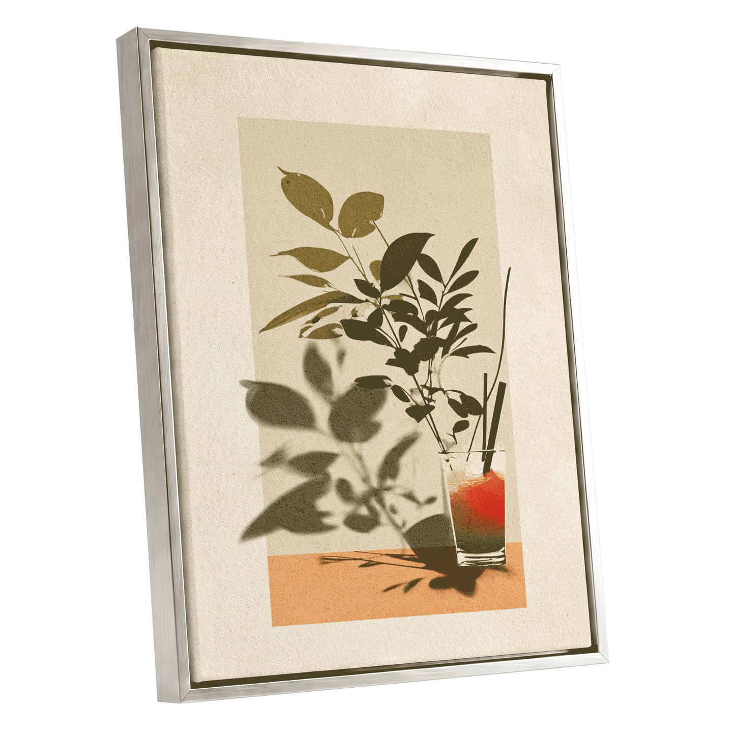 Leaves at Sundown, beige, green, orange nature wall art shown as a silver framed canvas wall art