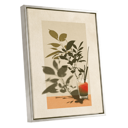Leaves at Sundown, beige, green, orange nature wall art shown as a silver framed canvas wall art