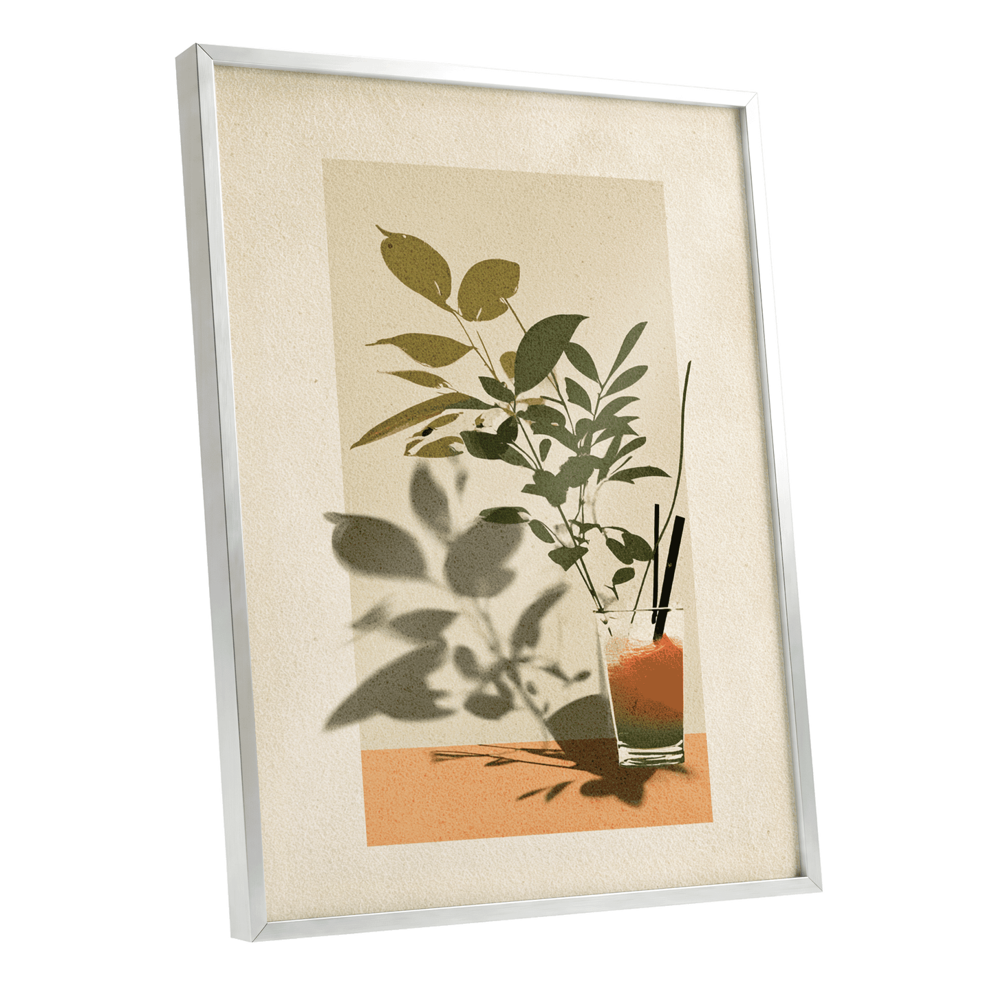 Leaves at Sundown, beige, green, orange nature wall art shown as a silver framed poster wall art print