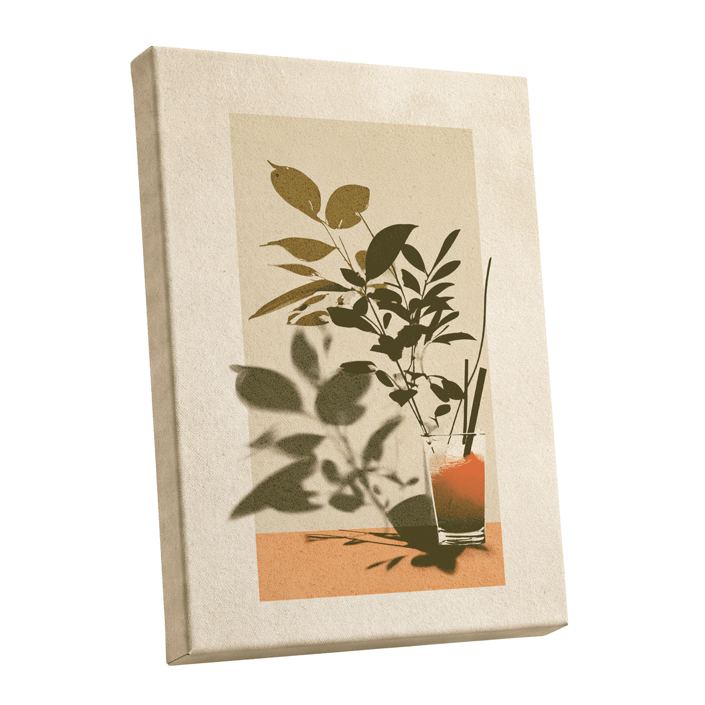 Leaves at Sundown, beige, green, orange nature wall art shown as a stretched canvas wall art