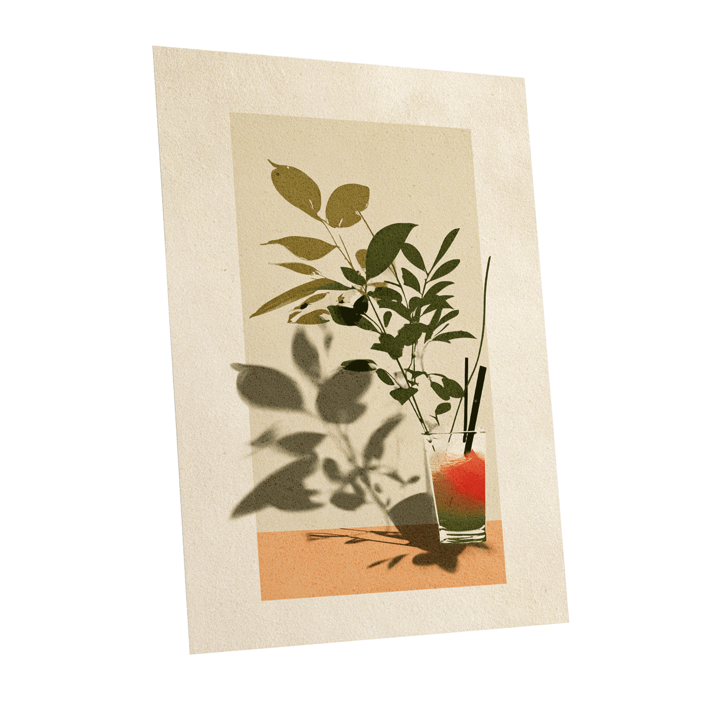 Leaves at Sundown, beige, green, orange nature wall art shown as a unframed poster wall art print