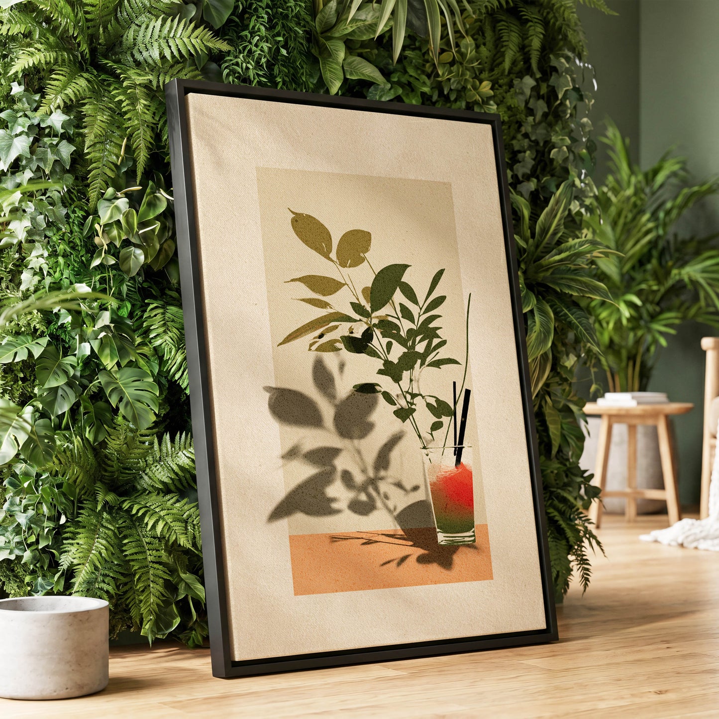 Leaves at Sundown, beige, green, orange nature wall art displayed in a styled interior, gallery view 1