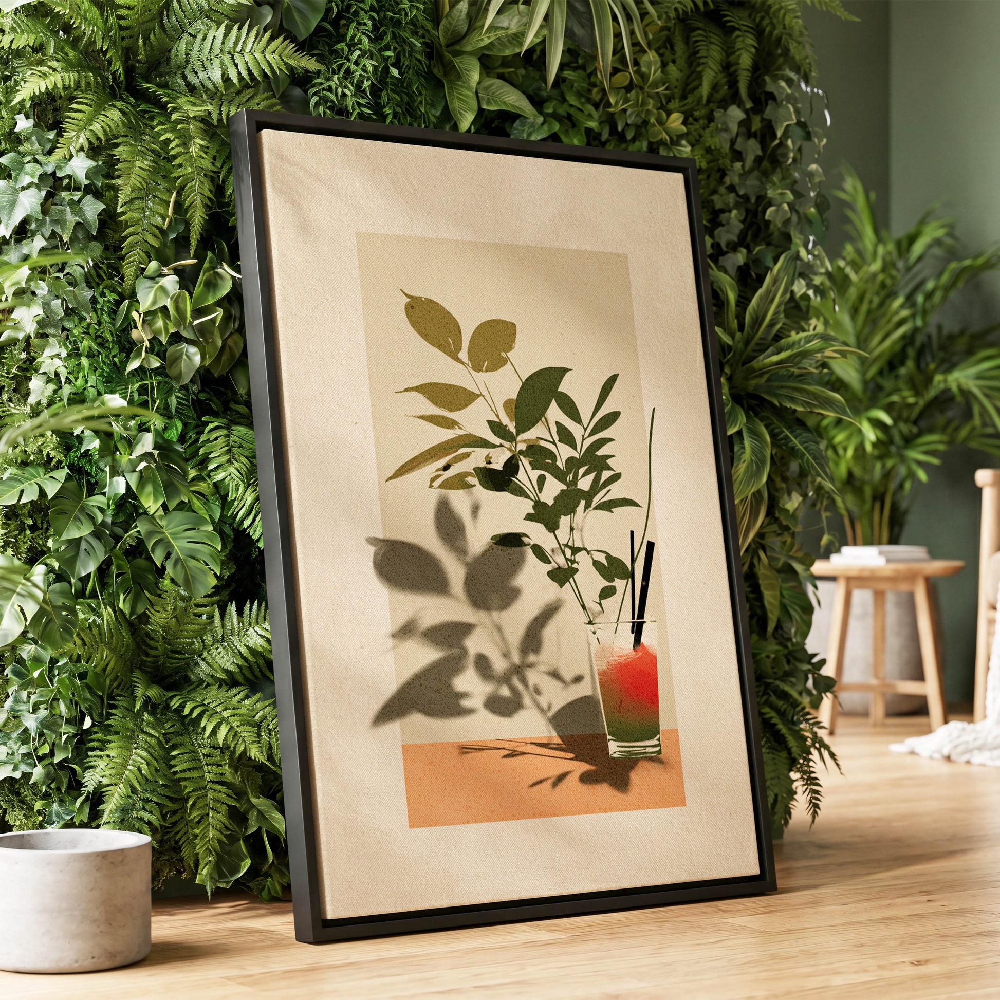 Leaves at Sundown, beige, green, orange nature wall art displayed in a styled interior, gallery view 1