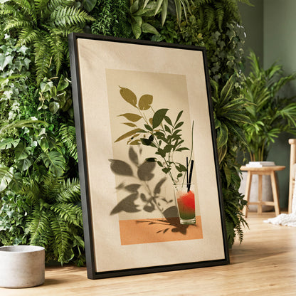 Leaves at Sundown, beige, green, orange nature wall art displayed in a styled interior, gallery view 1