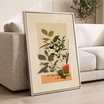 Leaves at Sundown, beige, green, orange nature wall art displayed in a styled interior, gallery view 2