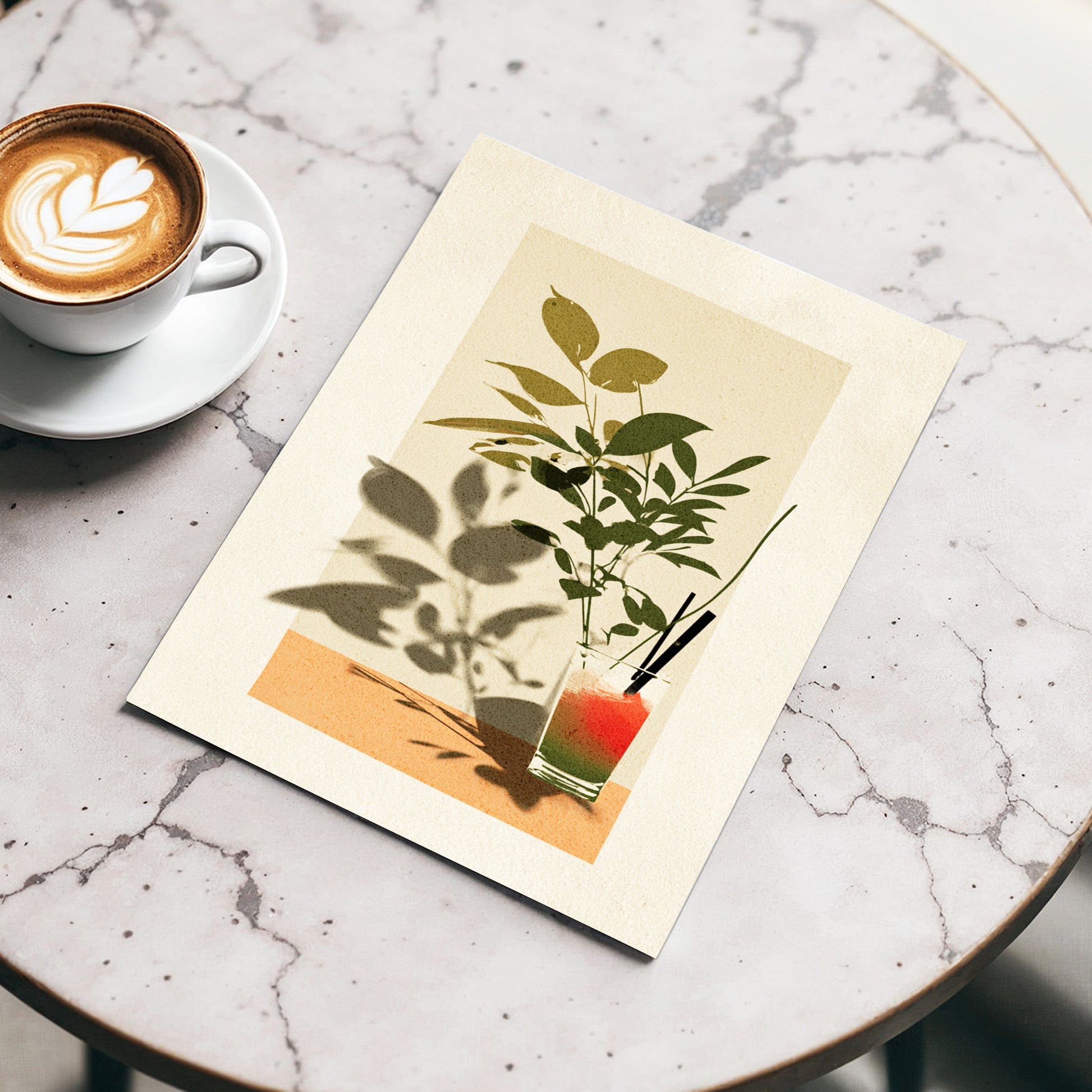 Leaves at Sundown, beige, green, orange nature wall art displayed in a styled interior, gallery view 3