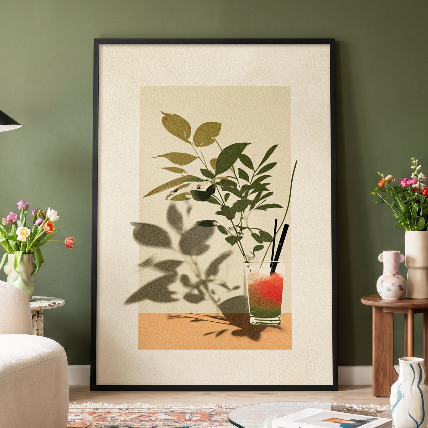 Leaves at Sundown, beige, green, orange nature wall art displayed in a styled interior, gallery view 4