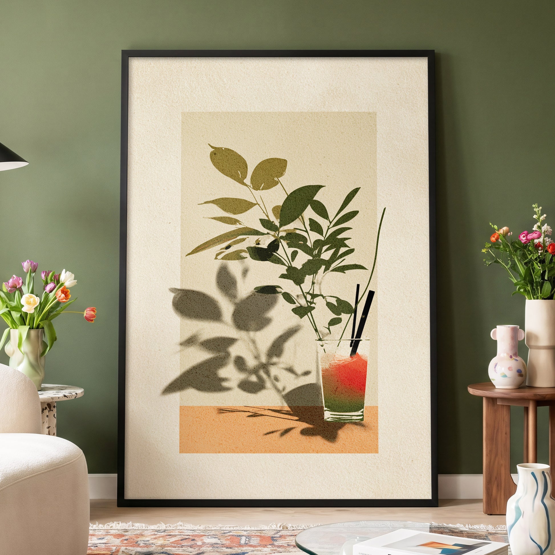 Leaves at Sundown, beige, green, orange nature wall art displayed in a styled interior, gallery view 4
