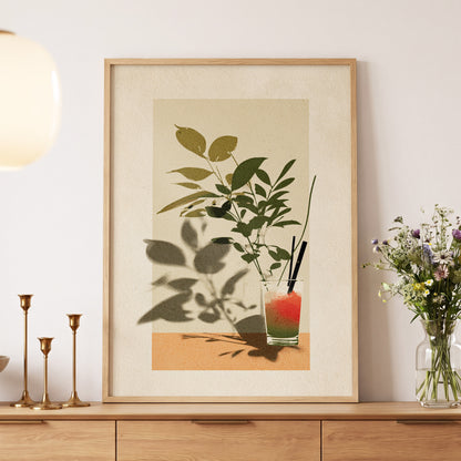 Leaves at Sundown, beige, green, orange nature wall art displayed in a styled interior, gallery view 5