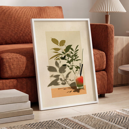 Leaves at Sundown, beige, green, orange nature wall art displayed in a styled interior, gallery view 6
