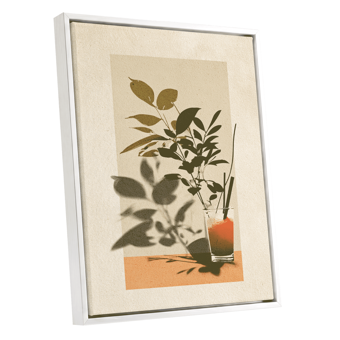 Leaves at Sundown, beige, green, orange nature wall art shown as a white framed canvas wall art