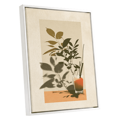 Leaves at Sundown, beige, green, orange nature wall art shown as a white framed canvas wall art