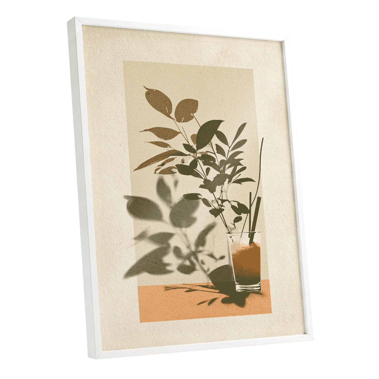 Leaves at Sundown, beige, green, orange nature wall art shown as a white framed poster wall art print