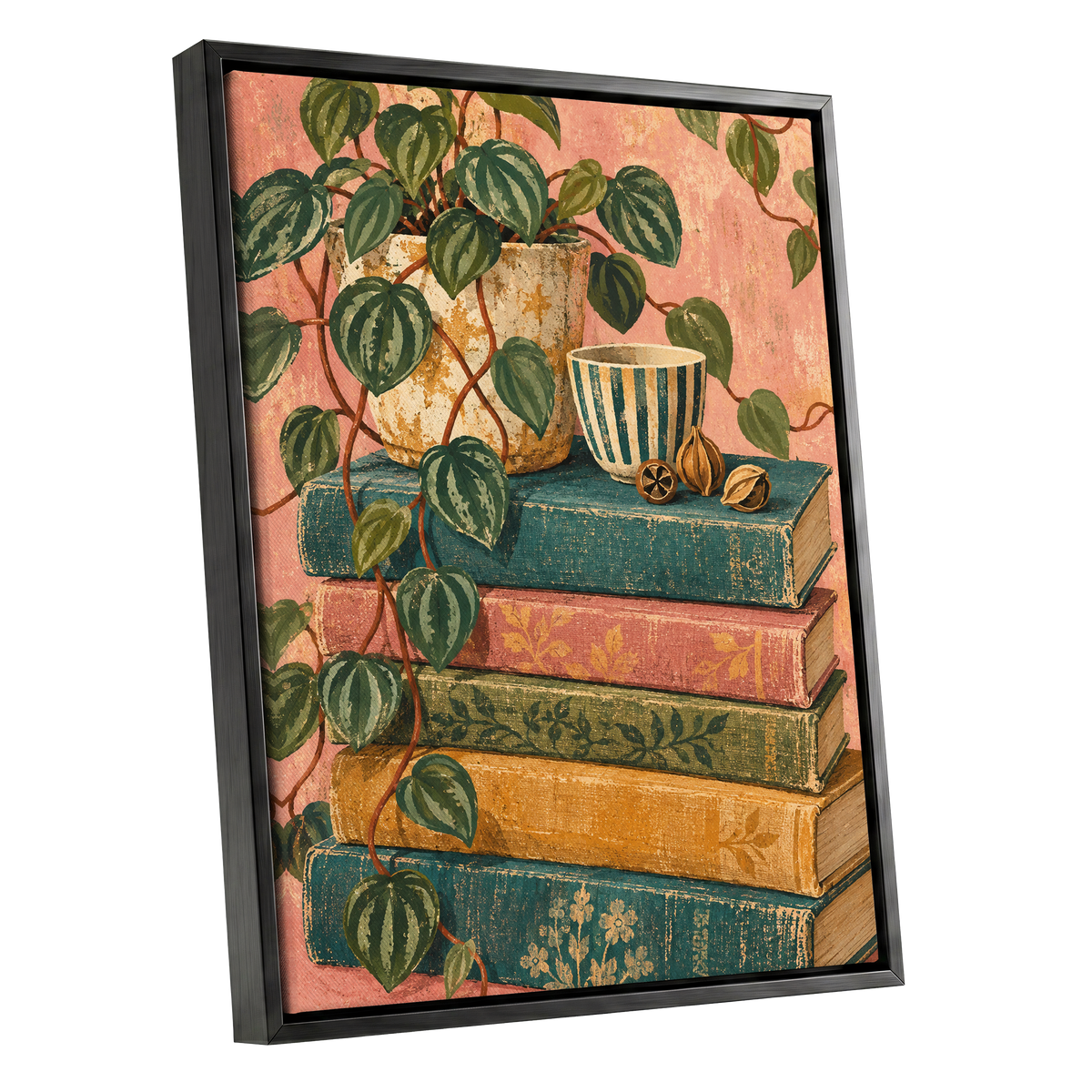 Leaves Between Volumes, green, pink, blue nature wall art shown as a black framed canvas wall art