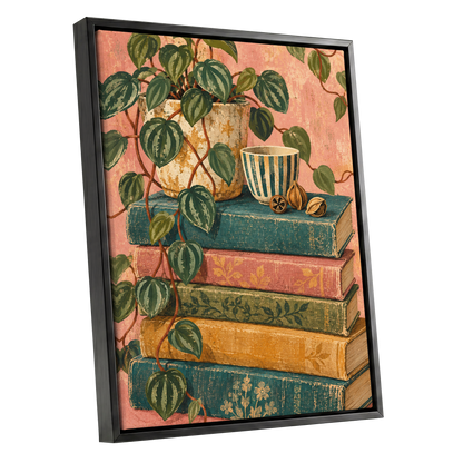 Leaves Between Volumes, green, pink, blue nature wall art shown as a black framed canvas wall art