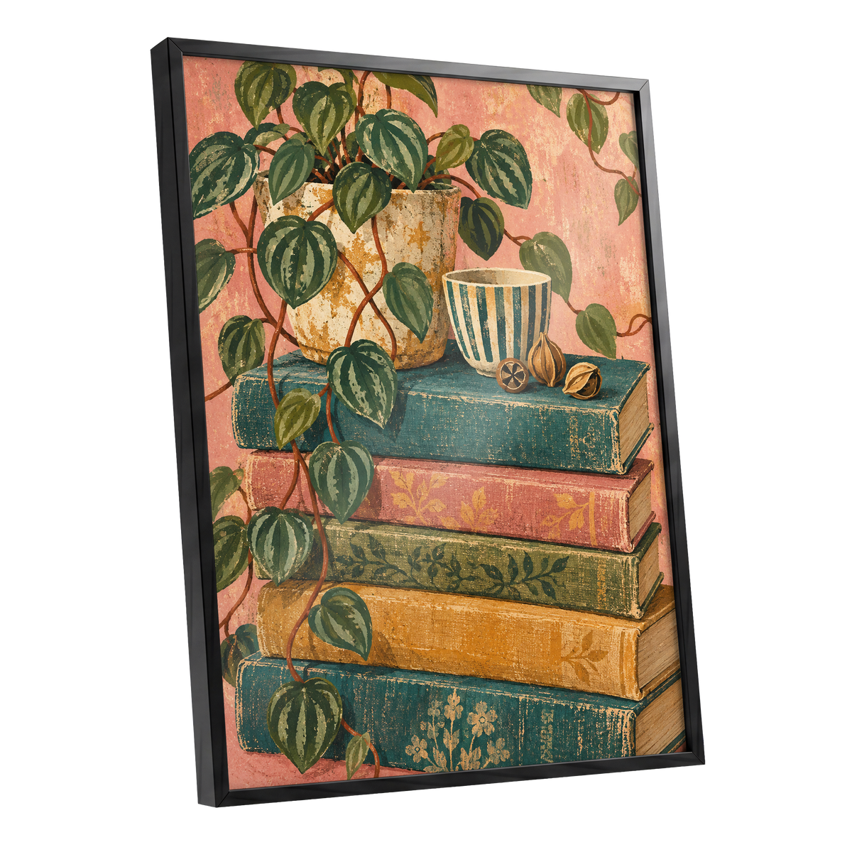 Leaves Between Volumes, green, pink, blue nature wall art shown as a black framed poster wall art print