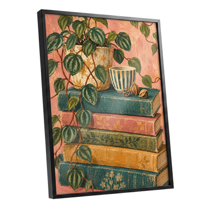 Leaves Between Volumes, green, pink, blue nature wall art shown as a black framed poster wall art print