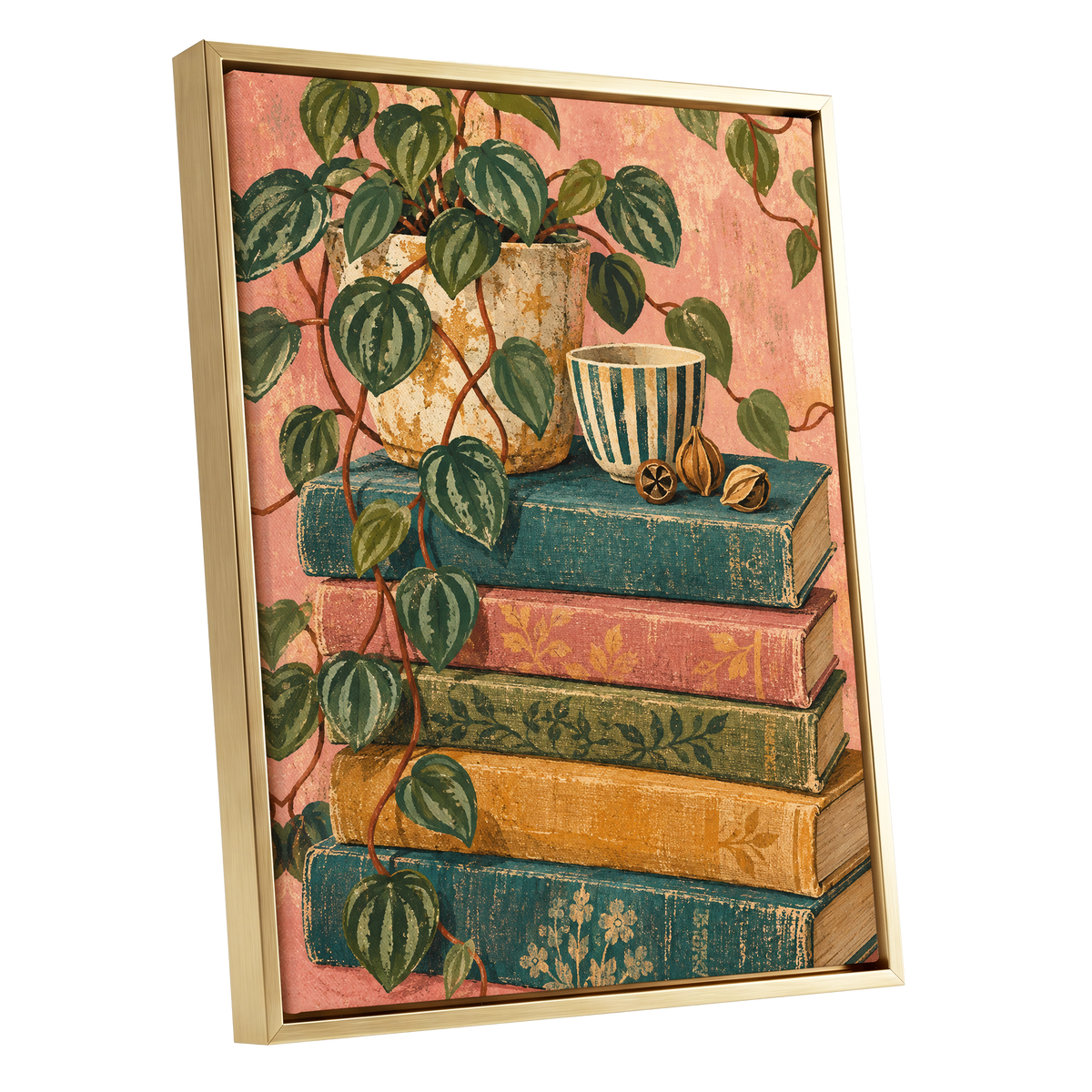 Leaves Between Volumes, green, pink, blue nature wall art shown as a gold framed canvas wall art