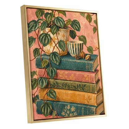 Leaves Between Volumes, green, pink, blue nature wall art shown as a gold framed canvas wall art
