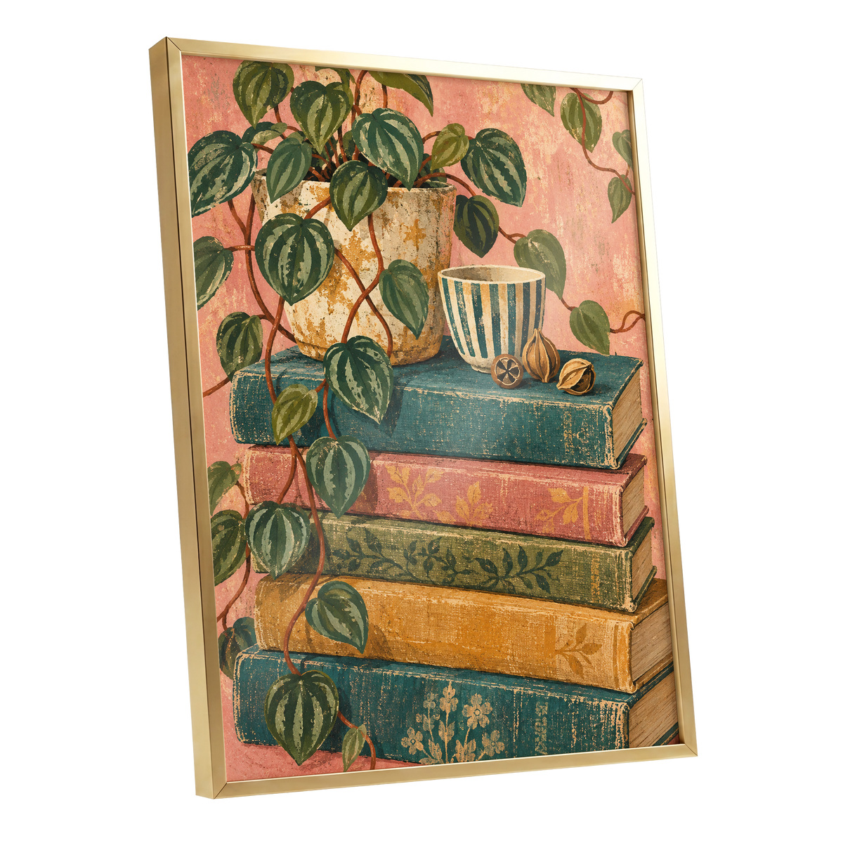 Leaves Between Volumes, green, pink, blue nature wall art shown as a gold framed poster wall art print