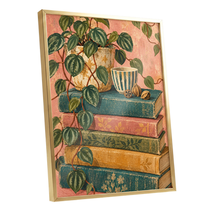 Leaves Between Volumes, green, pink, blue nature wall art shown as a gold framed poster wall art print