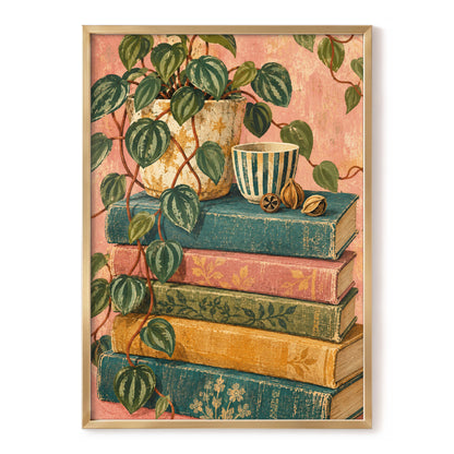 Leaves Between Volumes, green, pink, blue nature wall art, front artwork view