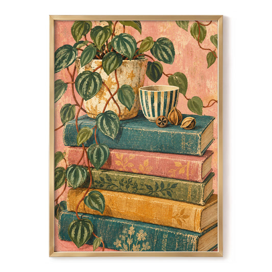 Leaves Between Volumes, green, pink, blue nature wall art, front artwork view