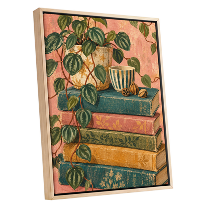 Leaves Between Volumes, green, pink, blue nature wall art shown as a oak framed canvas wall art
