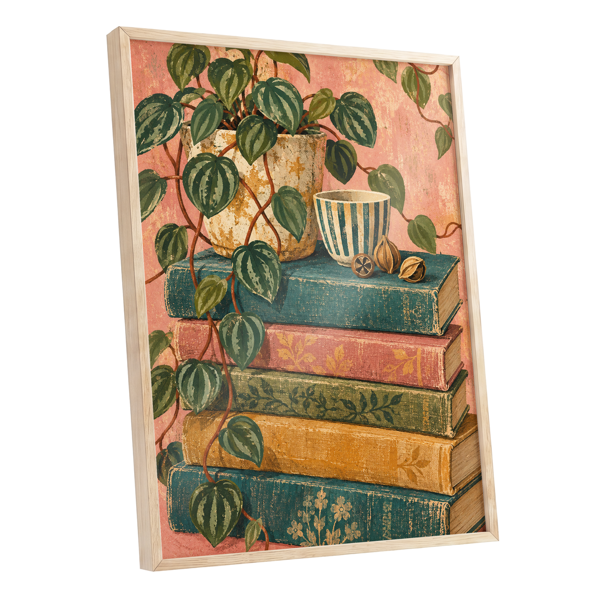 Leaves Between Volumes, green, pink, blue nature wall art shown as a oak framed poster wall art print