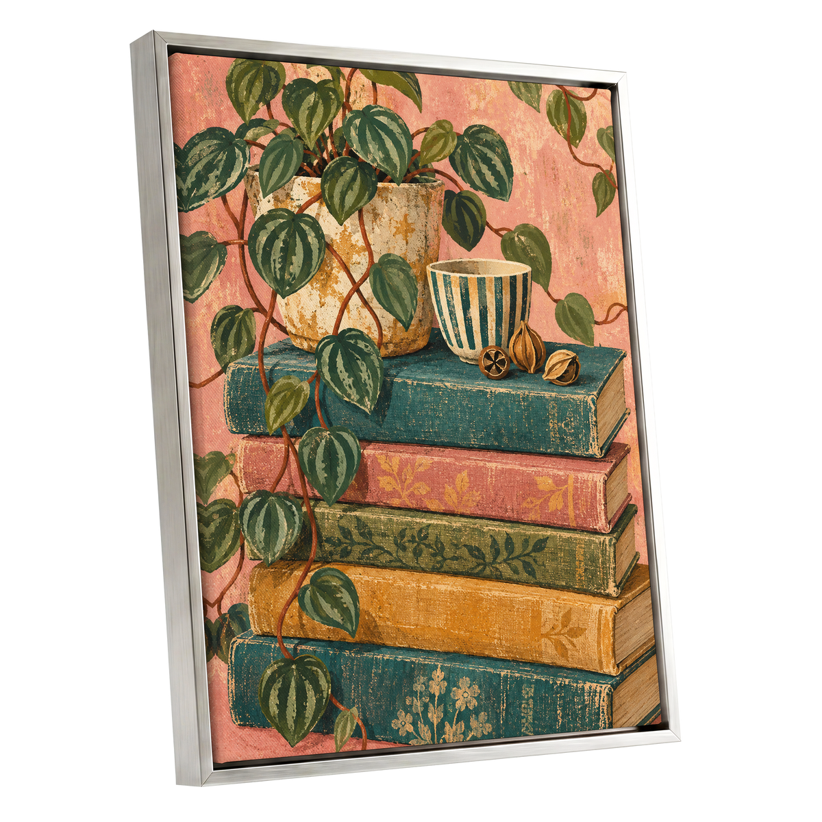 Leaves Between Volumes, green, pink, blue nature wall art shown as a silver framed canvas wall art