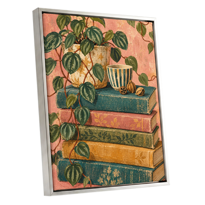 Leaves Between Volumes, green, pink, blue nature wall art shown as a silver framed canvas wall art