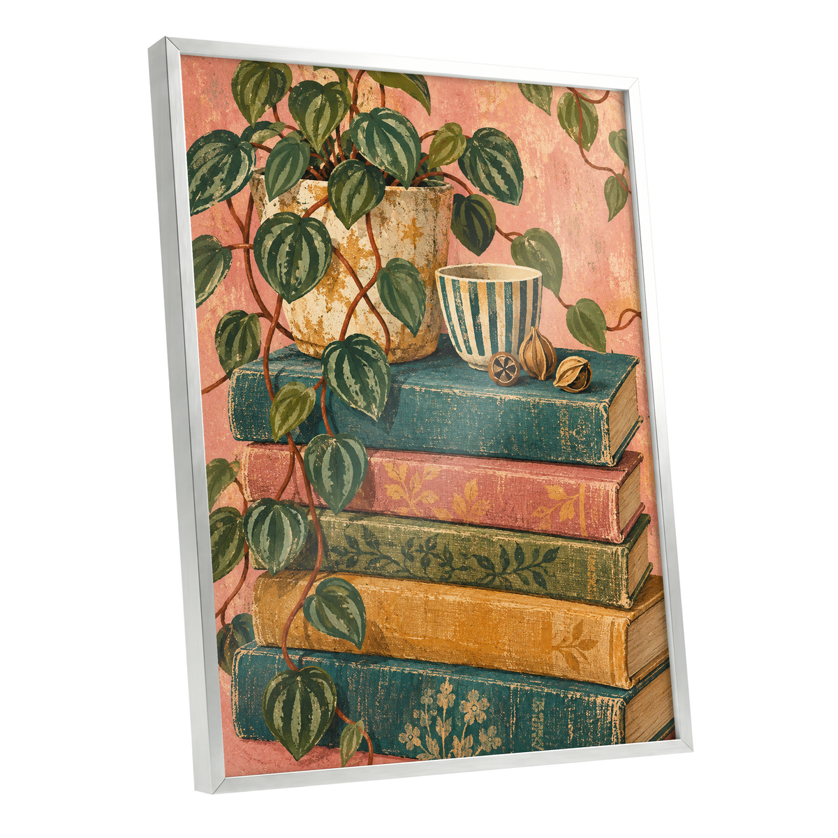 Leaves Between Volumes, green, pink, blue nature wall art shown as a silver framed poster wall art print