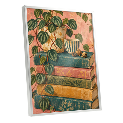 Leaves Between Volumes, green, pink, blue nature wall art shown as a silver framed poster wall art print