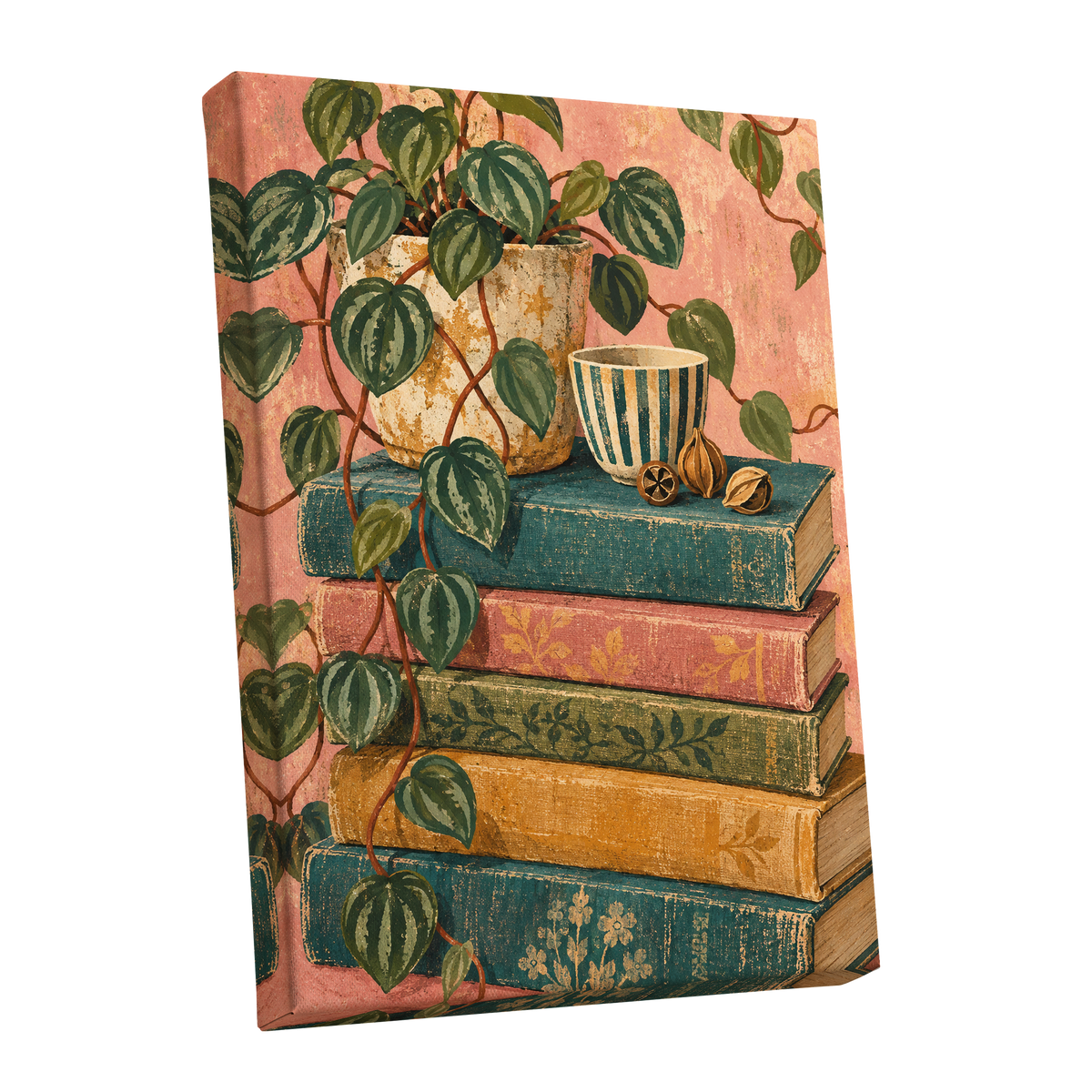 Leaves Between Volumes, green, pink, blue nature wall art shown as a stretched canvas wall art