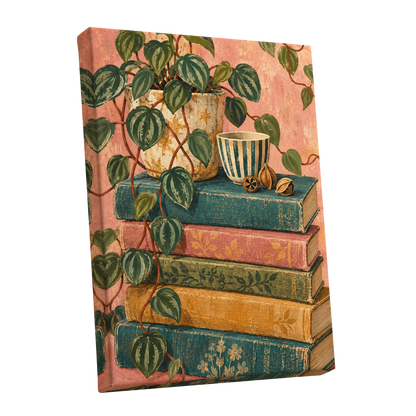 Leaves Between Volumes, green, pink, blue nature wall art shown as a stretched canvas wall art