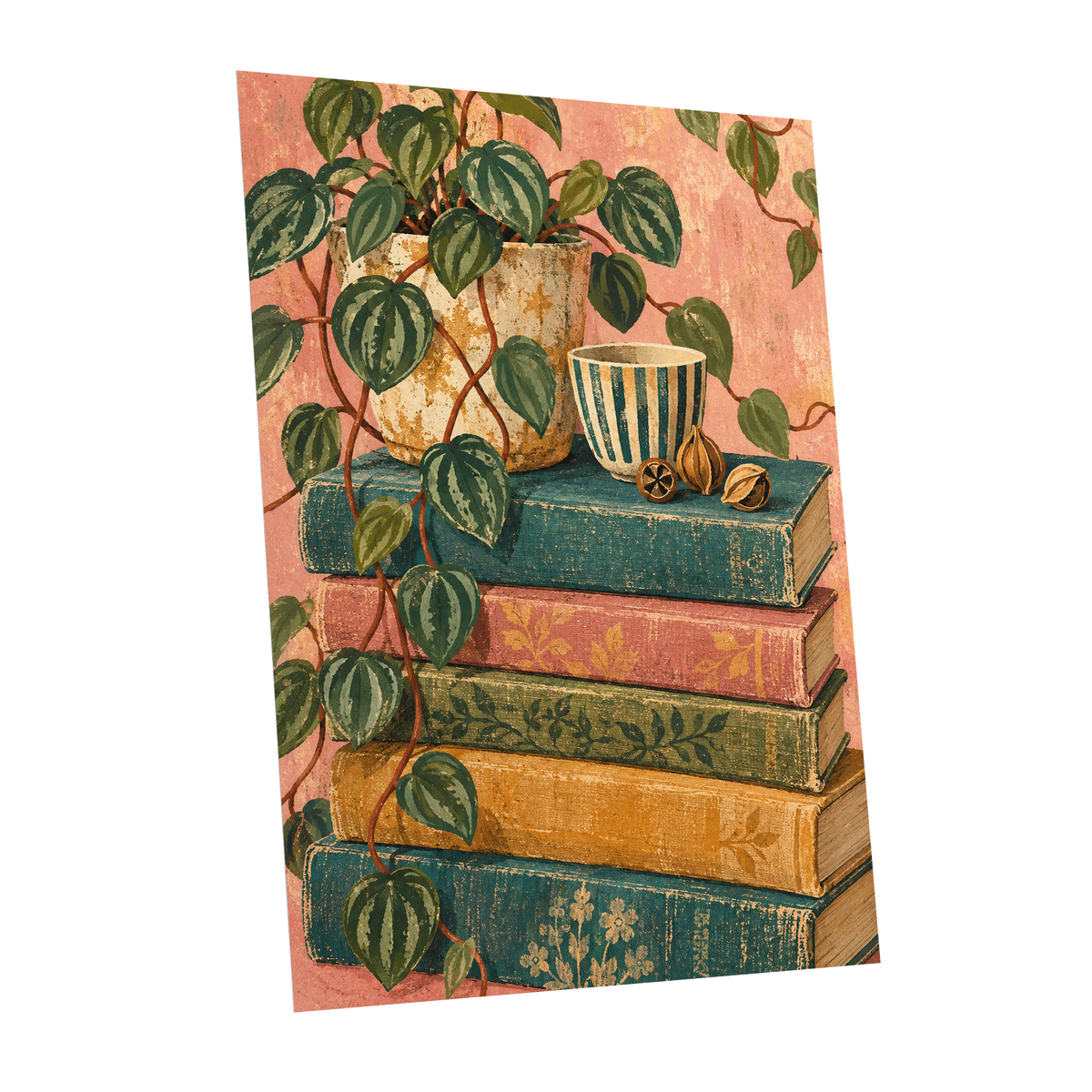 Leaves Between Volumes, green, pink, blue nature wall art shown as a unframed poster wall art print