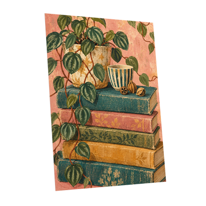 Leaves Between Volumes, green, pink, blue nature wall art shown as a unframed poster wall art print
