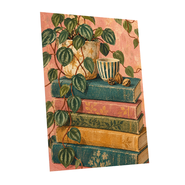 Leaves Between Volumes, green, pink, blue nature wall art shown as a unframed poster wall art print
